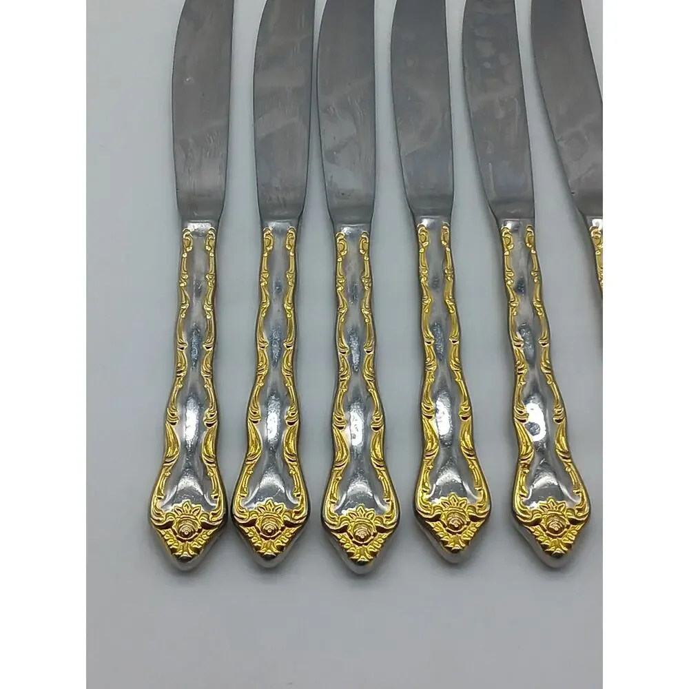 6 Modern Solid Dinner Knifes Rose Cascade Towle Supreme 18/8 Gold Accent Discont